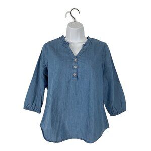 Croft & Barrow Chambray Ruffle V-Neck Top 3/4 Sleeve Denim Blouse Womens Size PS